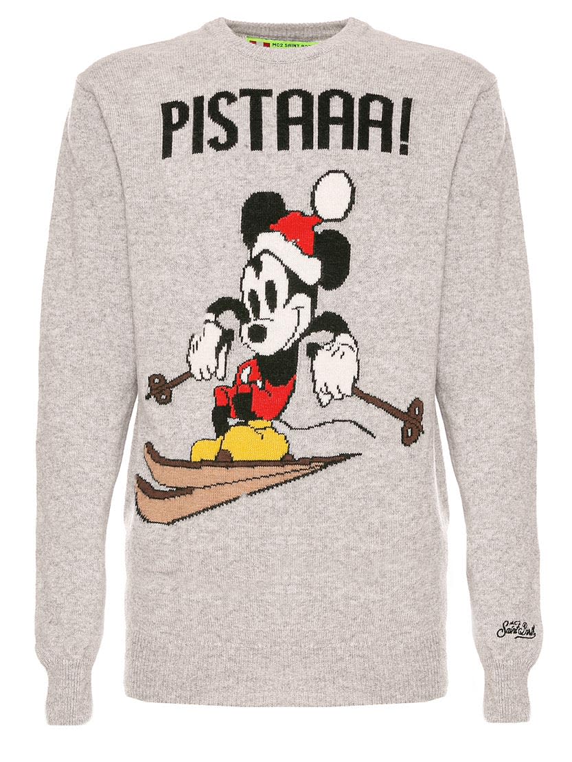 MC2 Saint Barth Man Grey Sweater Mickey Mouse Skying Version - Special Edition Disney©
