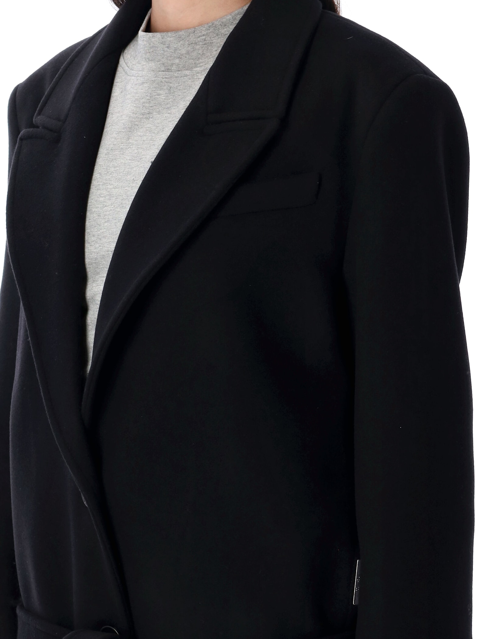 Attico Belted Long Coat In Black