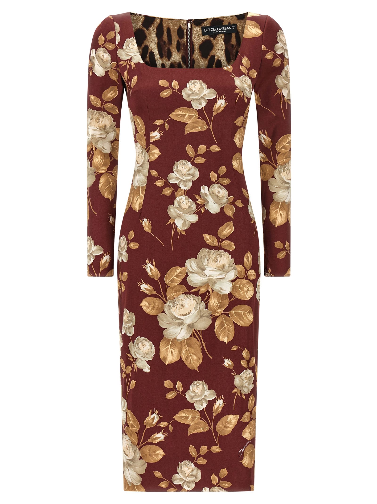 Dolce & Gabbana Floral Pattern Knee-length Dress With Long Sleeves In Brown