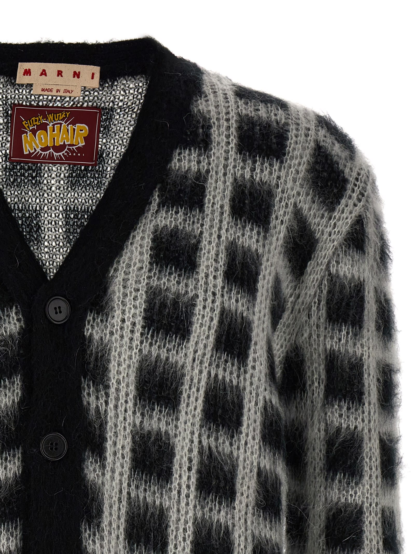 Shop Marni Brushed Check Fuzzy Wuzzy Cardigan In White/black