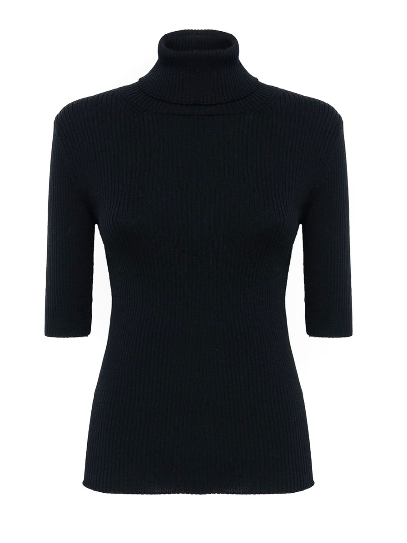 Black Merino Wool Ribbed Turtleneck