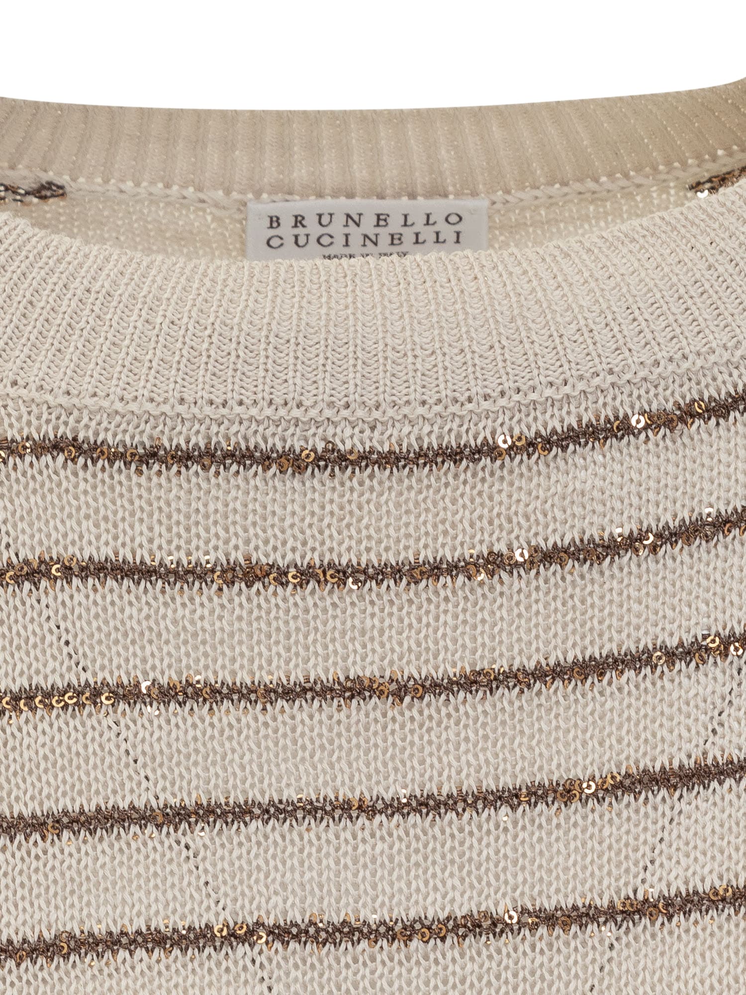 Brunello Cucinelli Dazzling Stripes Cotton Jersey In Cream/brown