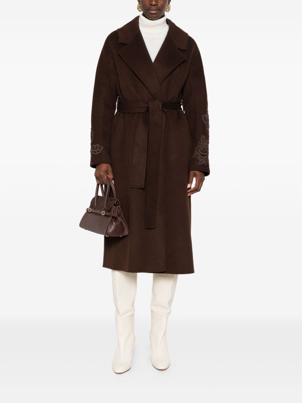 Ermanno Firenze Floral-embroidery Belted Coat In Brown
