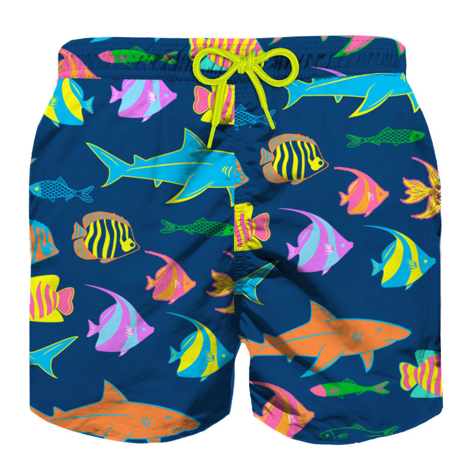 MC2 Saint Barth Colorful Fish Print Boys Blu Swimshorts