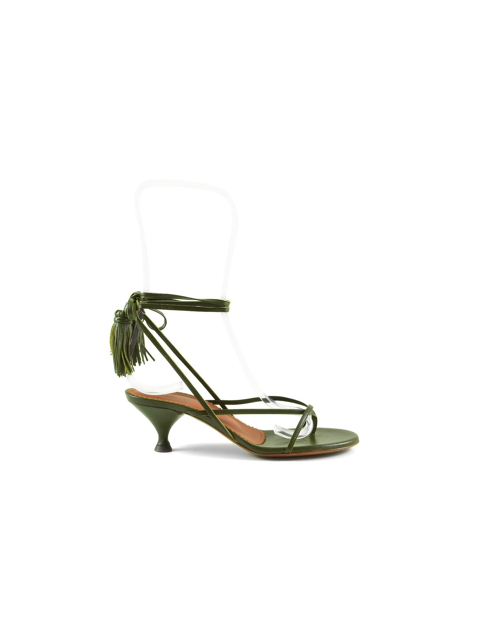 L'AUTRE CHOSE GREEN LEATHER MID-HEEL TASSELS SANDALS,LAUSANDAAD2ST0528979/06 37-wo