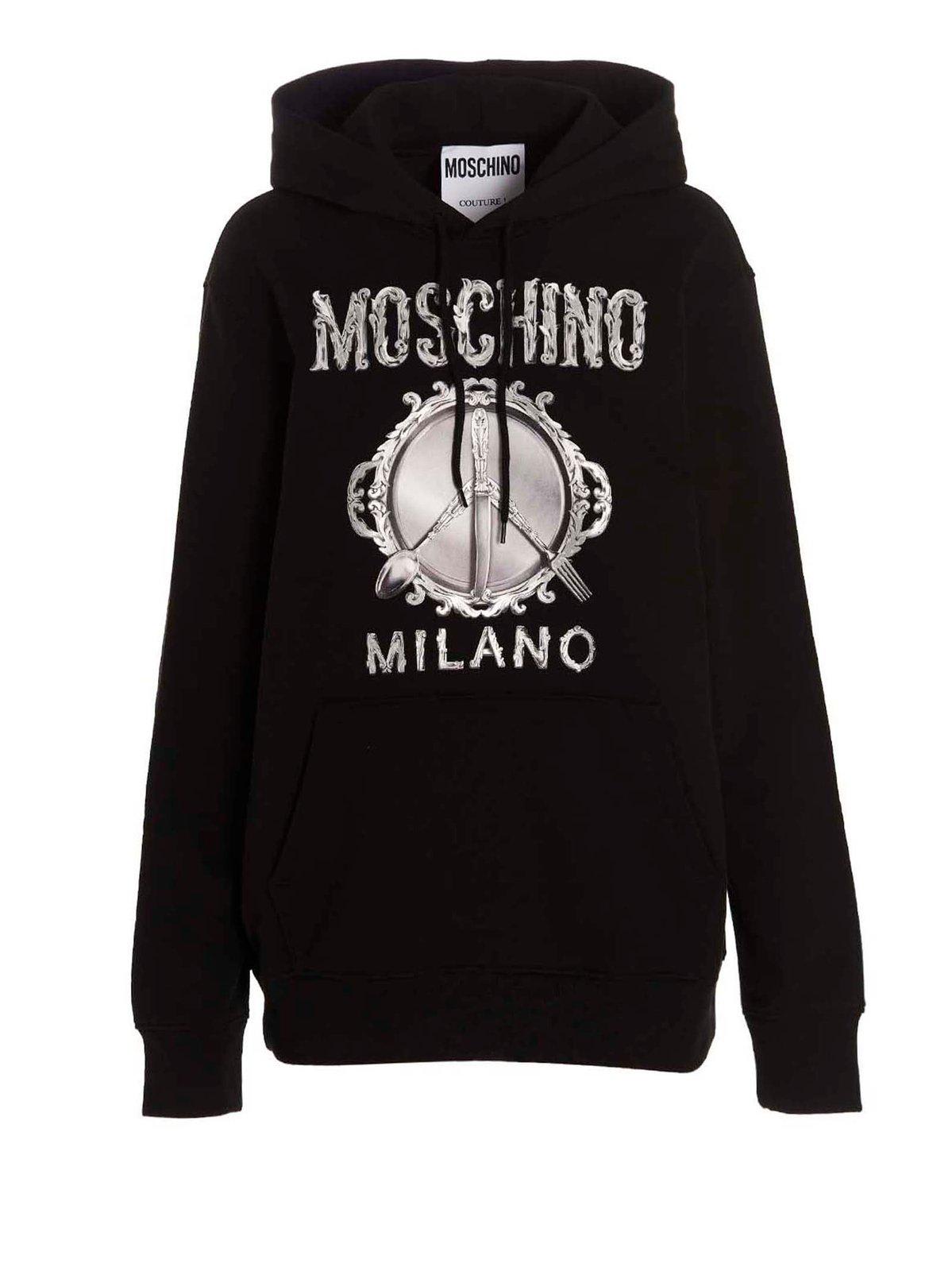 Shop Moschino Logo Printed Drawstring Hoodie  In White/black