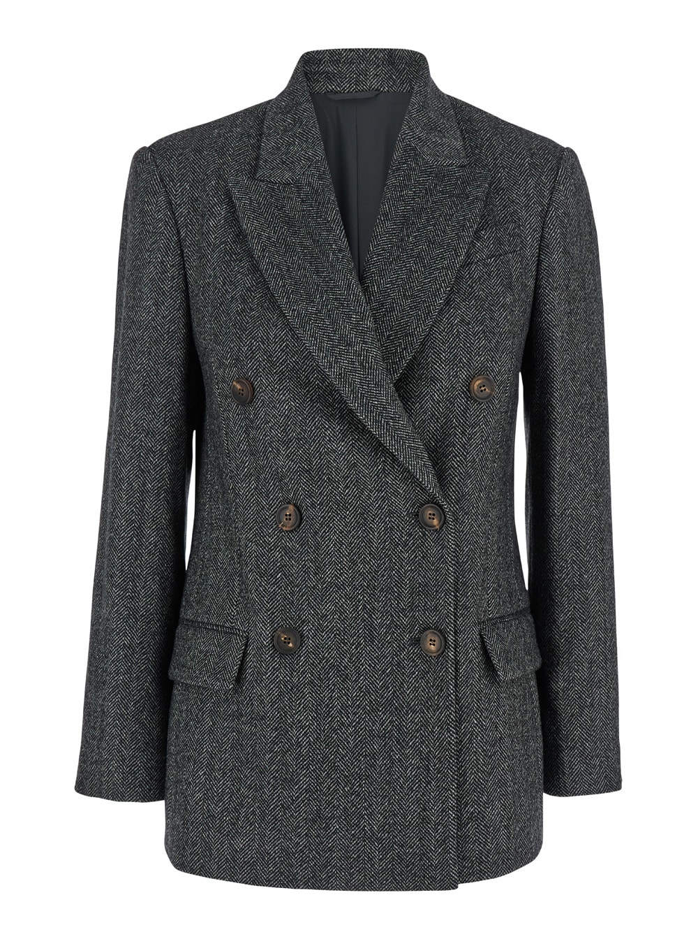 Shop Brunello Cucinelli Grey Double-breasted Jacket With Herringbone Pattern In Wool Woman