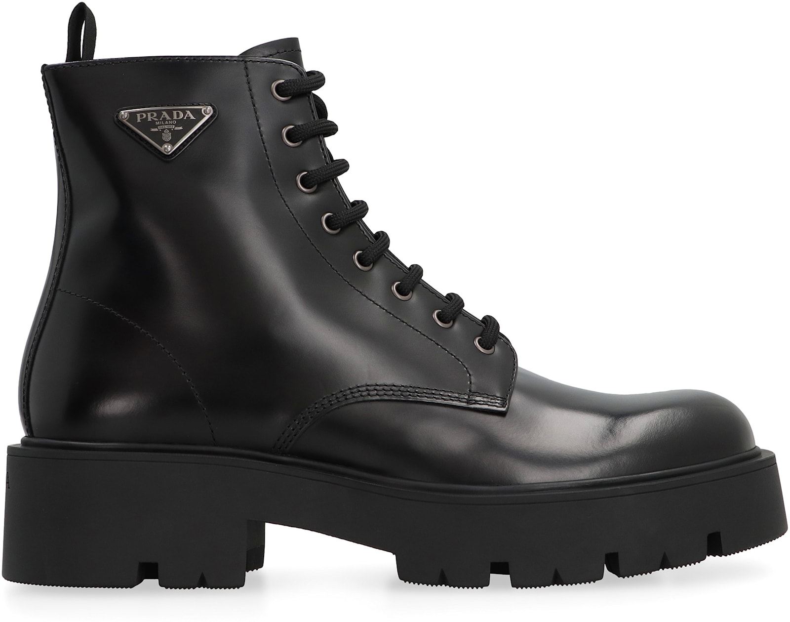 Shop Prada Leather Lace-up Boots In Black