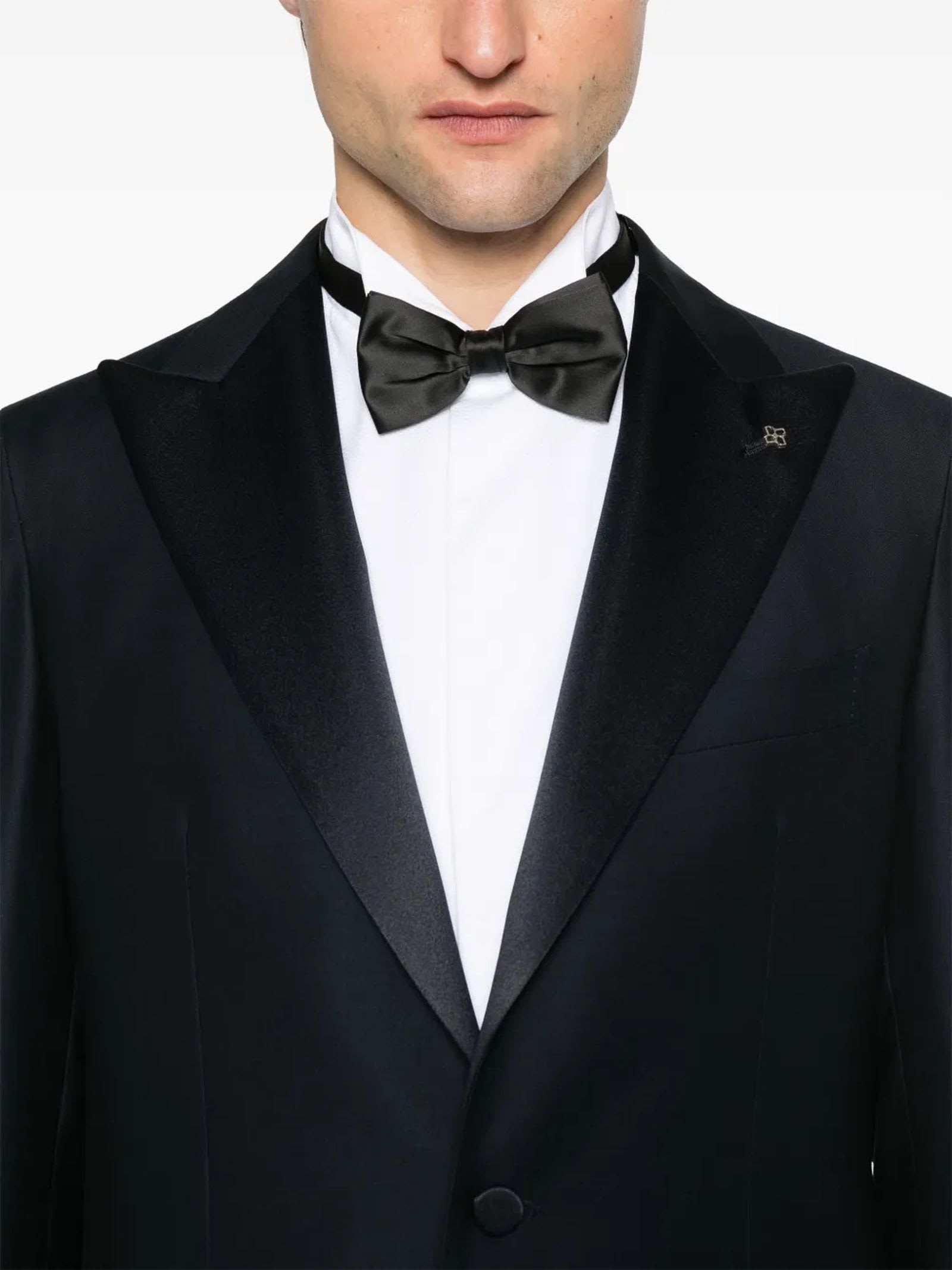 Tagliatore Blue Tailored Suit With Satin Lapel And Shoulders In Blue
