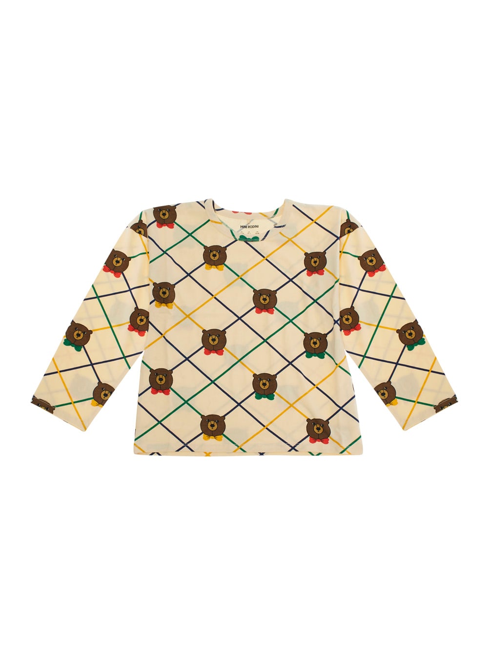 Mini Rodini Beige Long-sleeve T-shirt With All-over Check Motif And Bear Print In Cotton Girl In Multi
