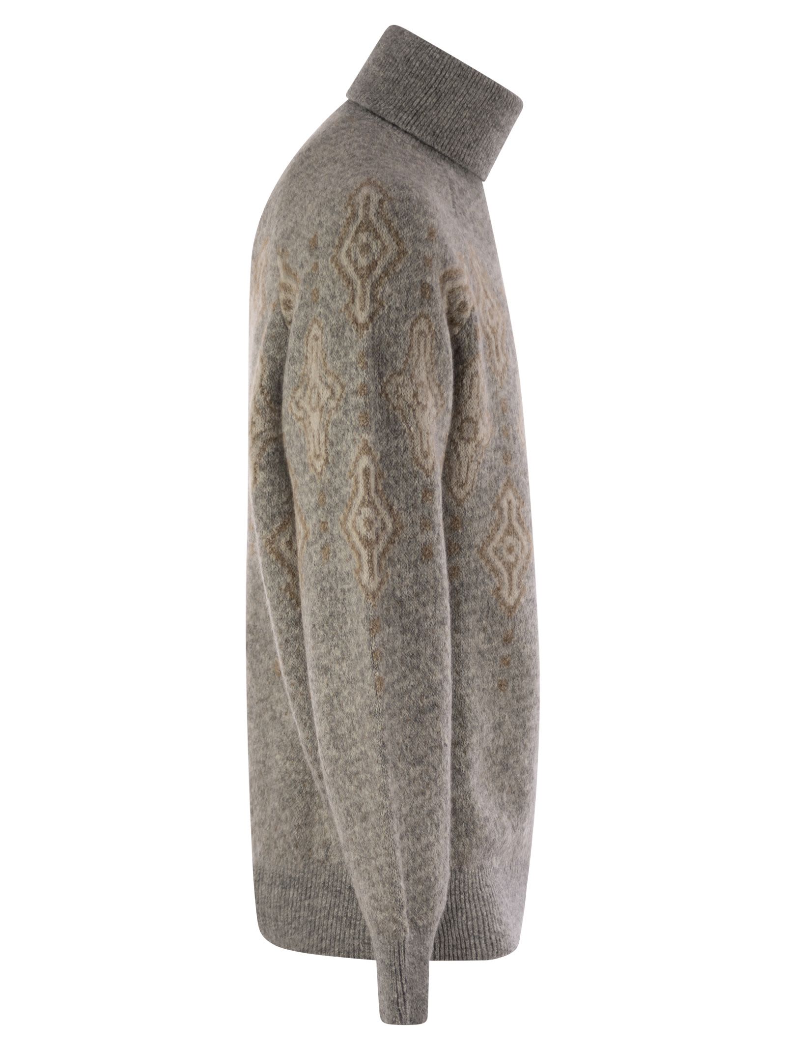 Shop Brunello Cucinelli Geometric Jacquard Turtleneck Sweater In Alpaca, Cotton And Wool In Grey