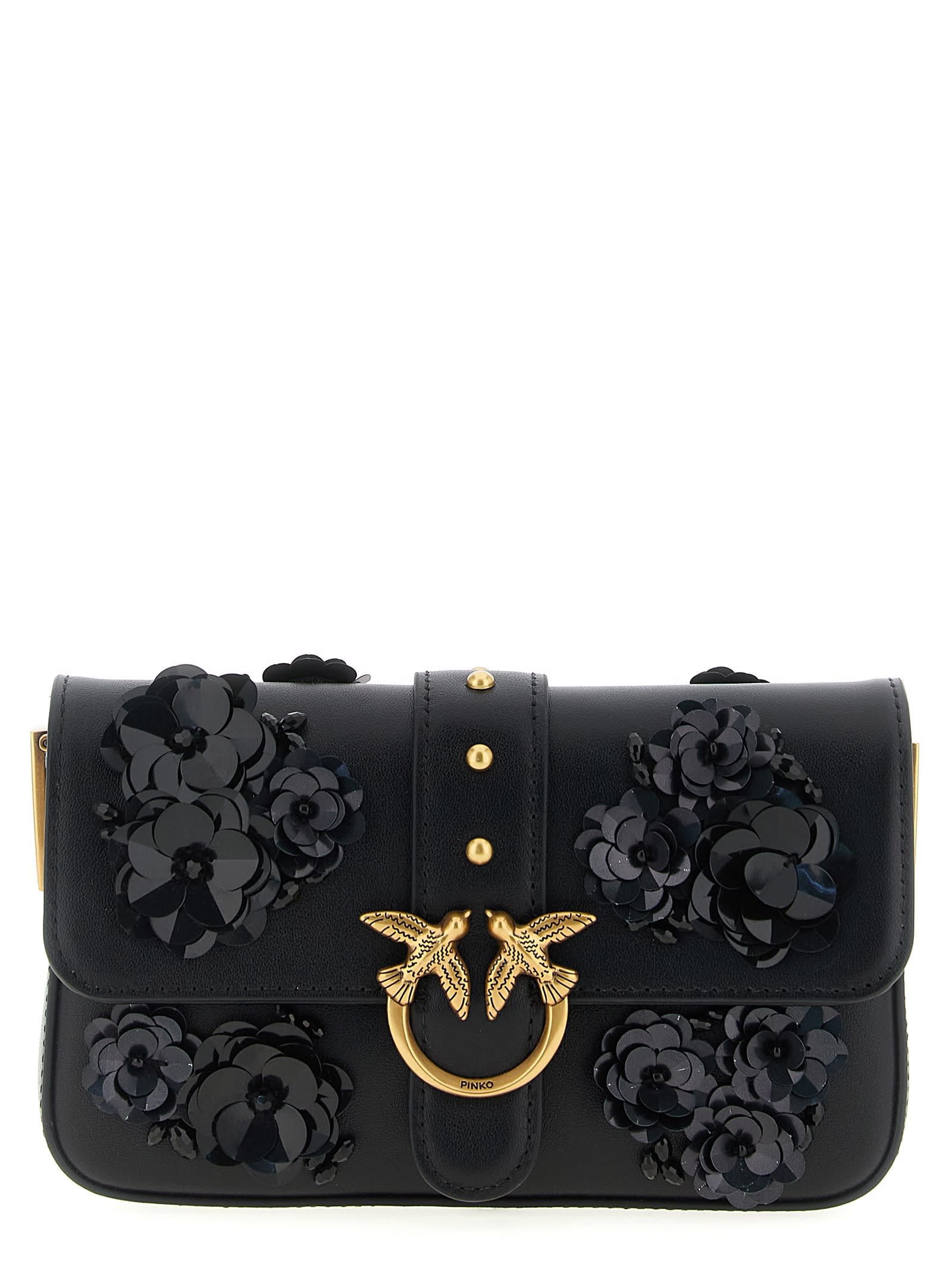 Pinko Baby Love Bag Slouchy Shoulder Bag In Leather With Jewel Flowers In Black