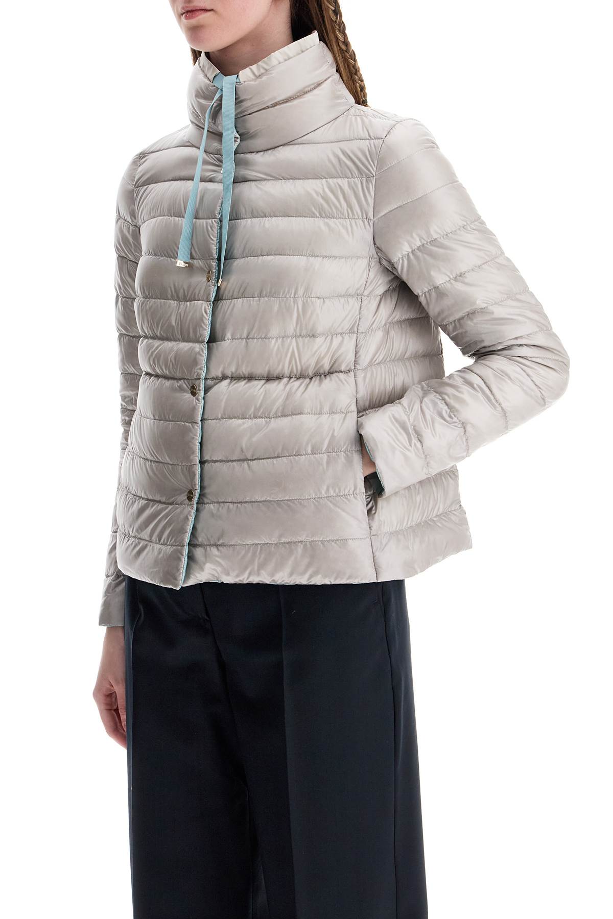 Herno Short Puffer Jacket In Ice Blue Nylon With Metal Buttons In Azzurro/ghiaccio (blue)