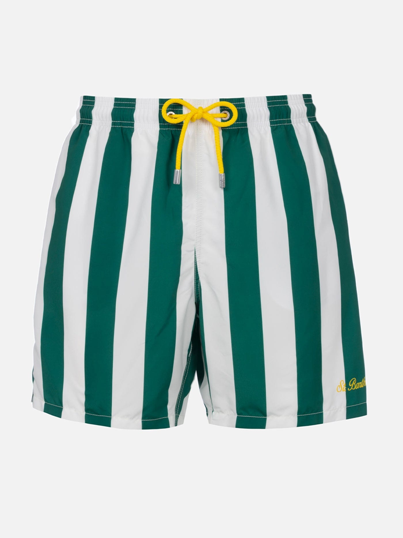 Shop Mc2 Saint Barth Man Mid-length Striped Gustavia Swim-shorts With St. Barth Embroidery In Green