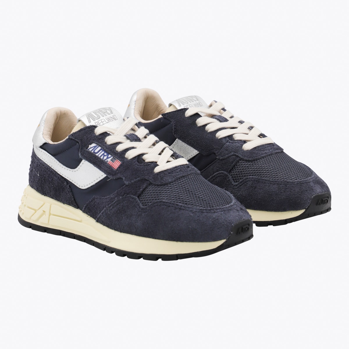 Autry Leather And Fabric Sneakers With Metallic Inserts In Blue