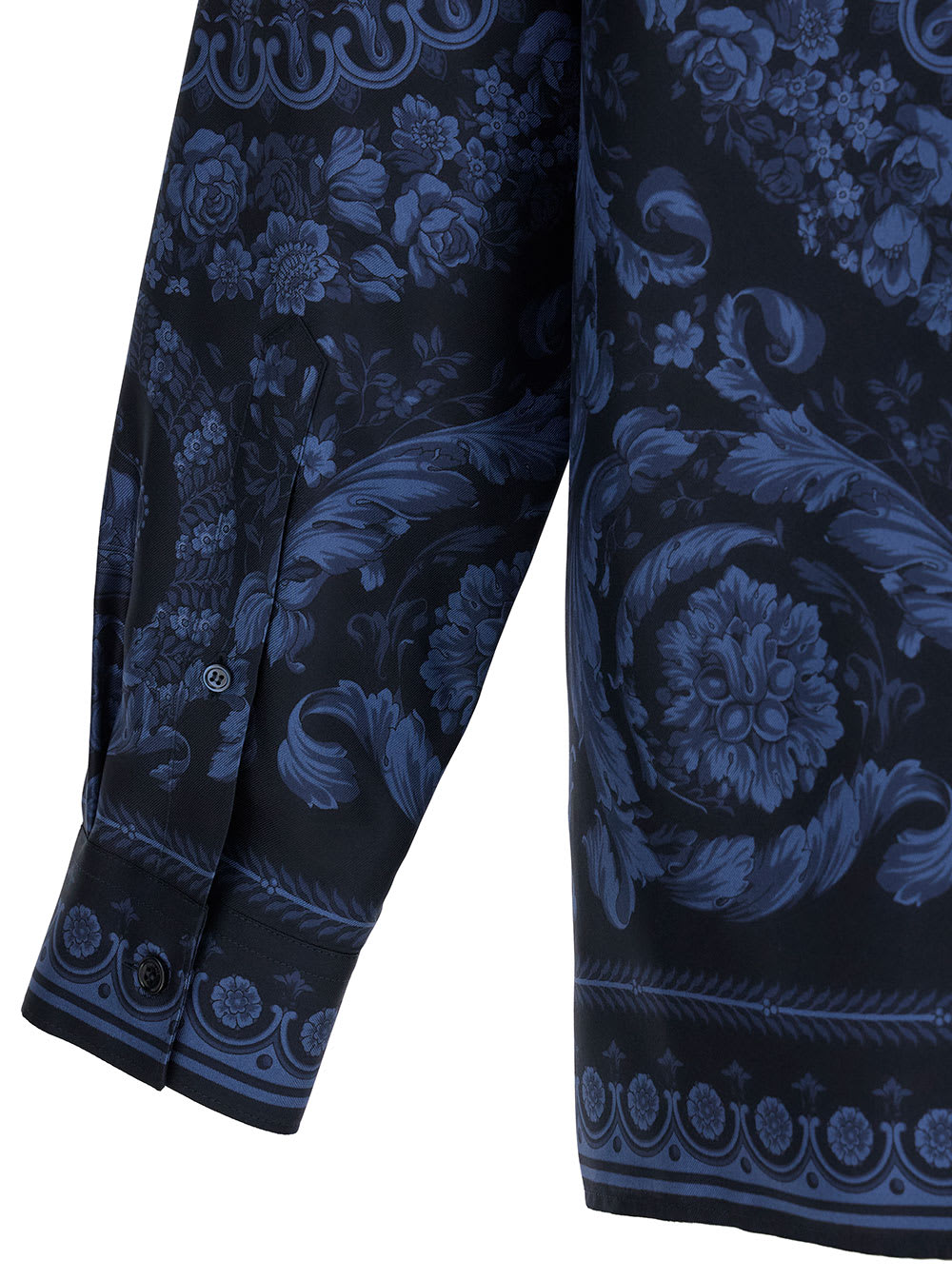 Shop Versace Black And Blue Shirt With All-over Barocco Print In Silk Man