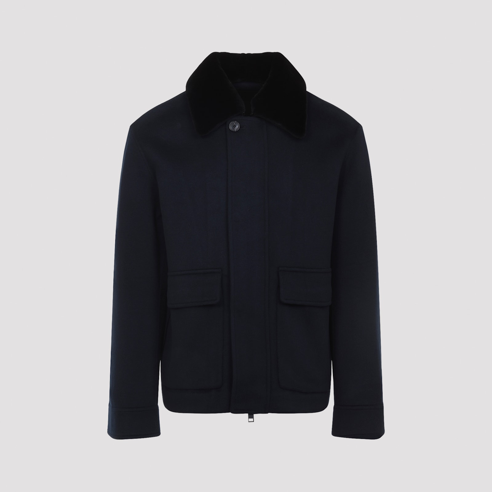 Yves Salomon Jacket In Double-sided Wool-cashmere Fabric With Mink Collar In Blue