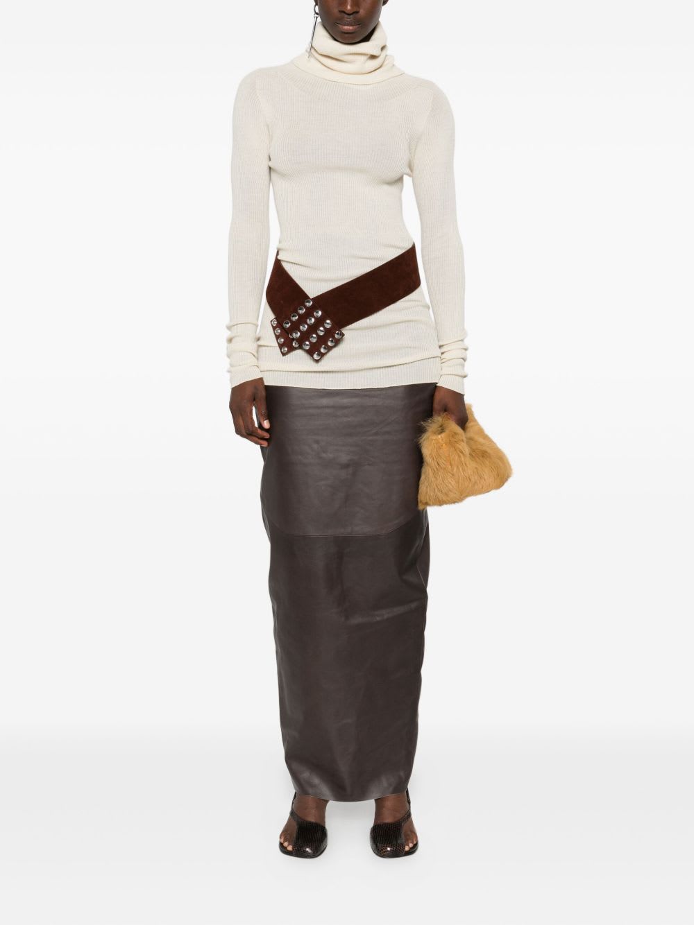 Rick Owens Ribbed Wool Turtleneck Sweater With Seam Detail In Neutral