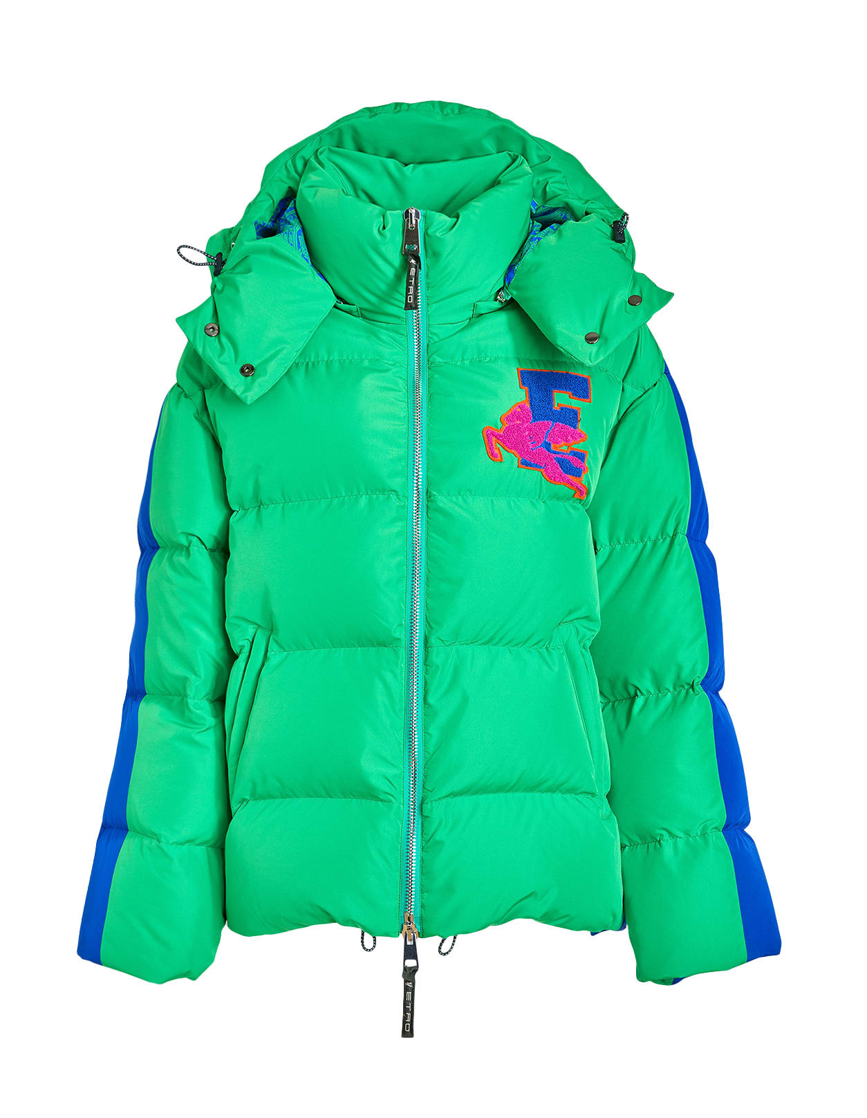 Woman Green And Blue Down Jacket With Etro Logo And Pegasus Patch