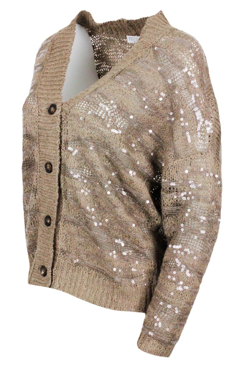 Shop Brunello Cucinelli Cardigan With Animalier Buttons Inlay In Silk, Linen And Hemp In Brown