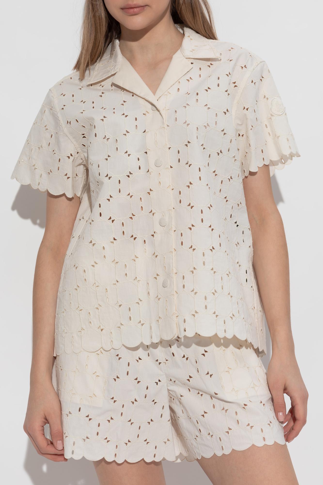 Moncler Short-sleeve Cotton Blend Shirt With Embroidered Design In White