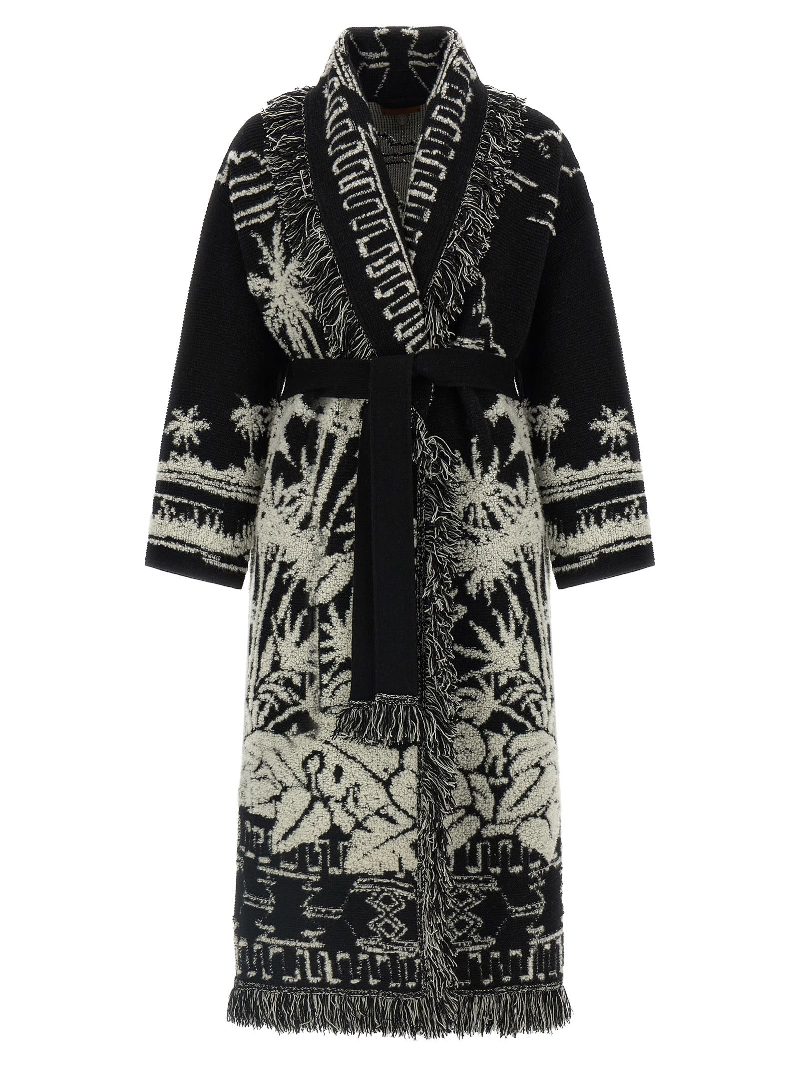 Alanui Long Jacquard Cardigan With Fringes In Black
