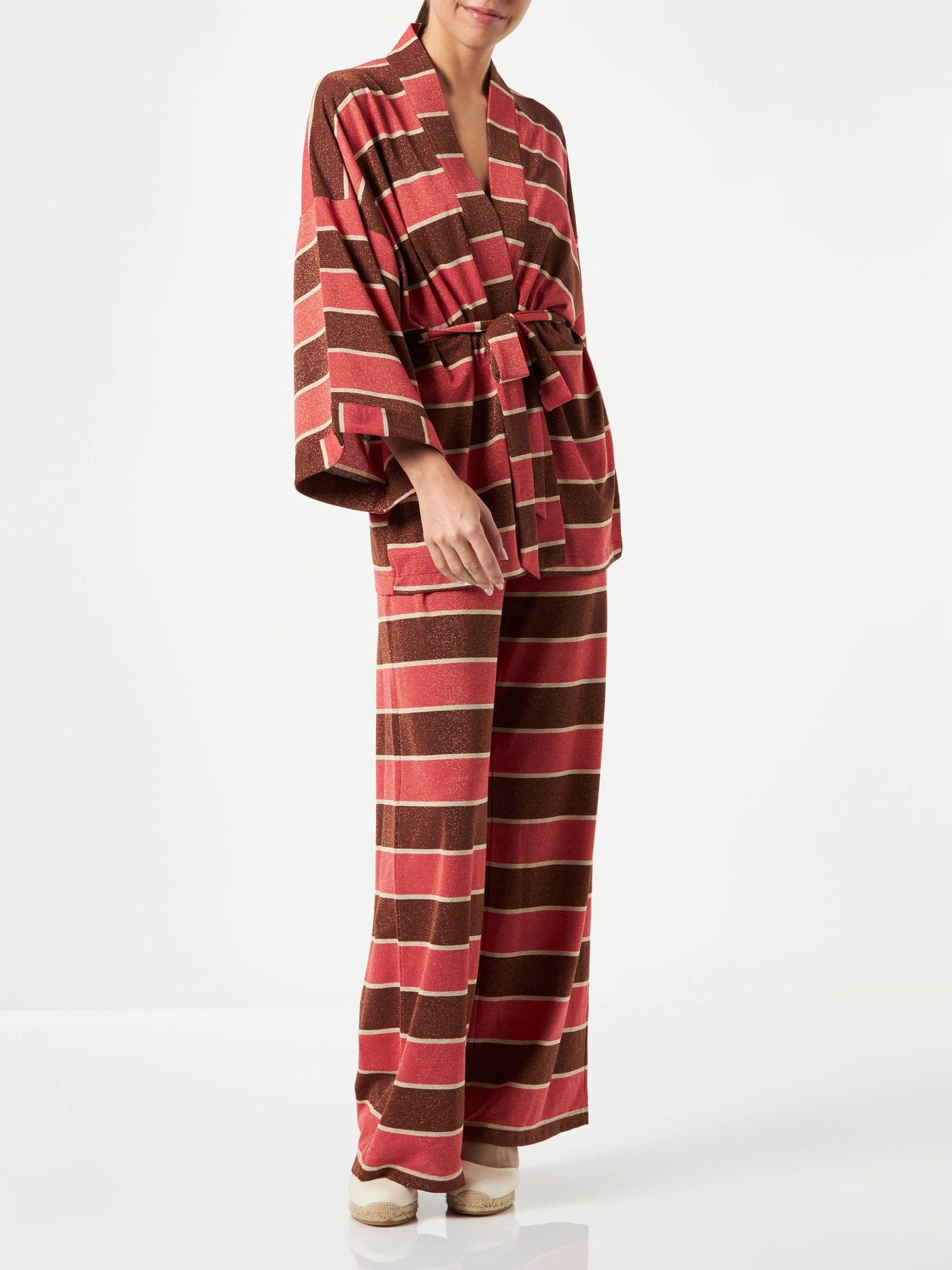 Shop Mc2 Saint Barth Striped Knitted Kimono Cardigan In Brown