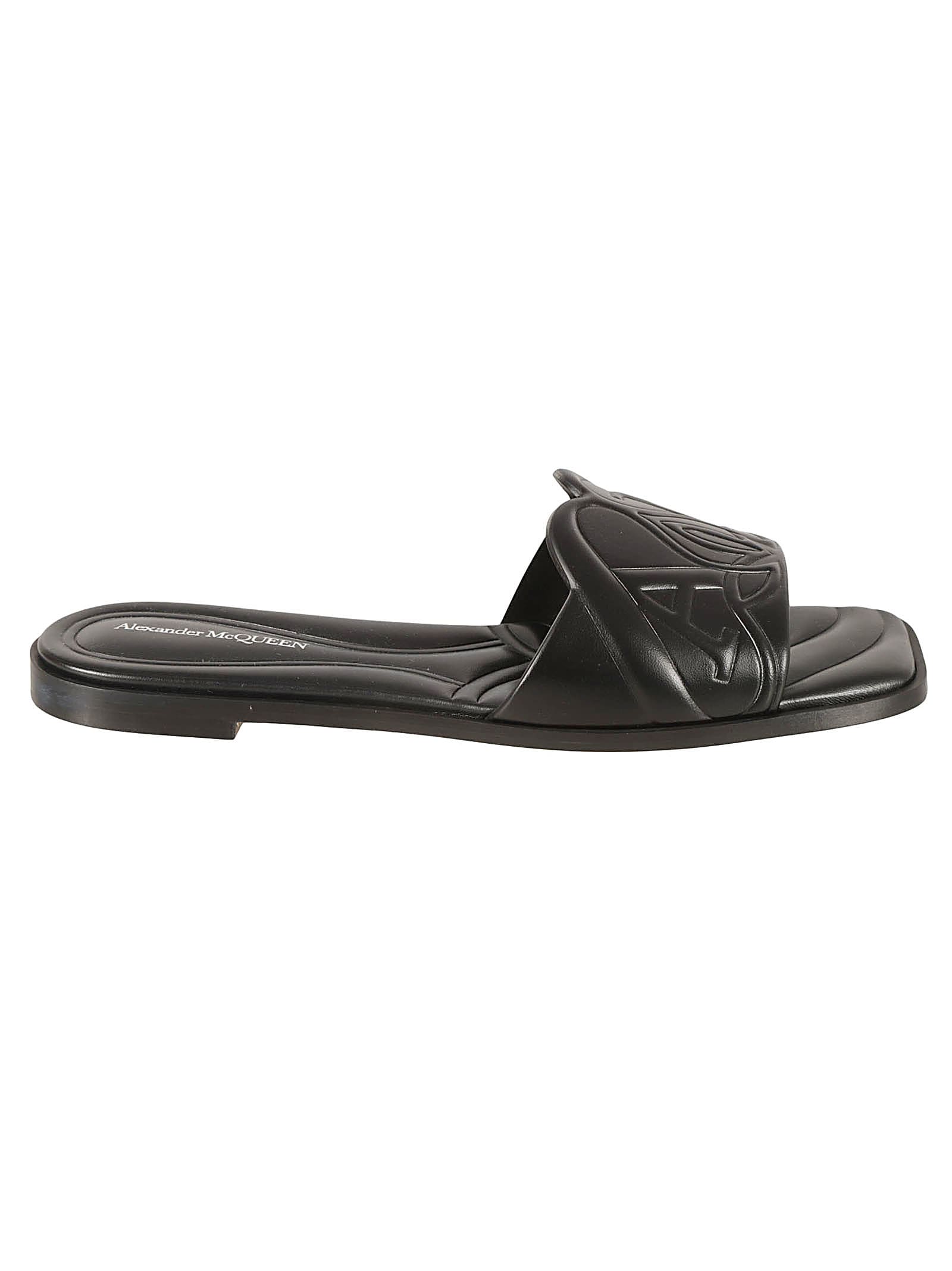 Alexander Mcqueen New Gloss Logo Embossed Flat Sandals In Black