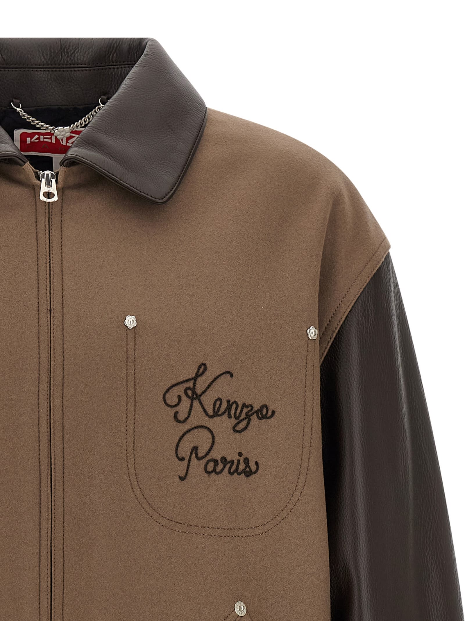 Kenzo Leather-sleeved Embroidered Jacket Coats Beige In Brown