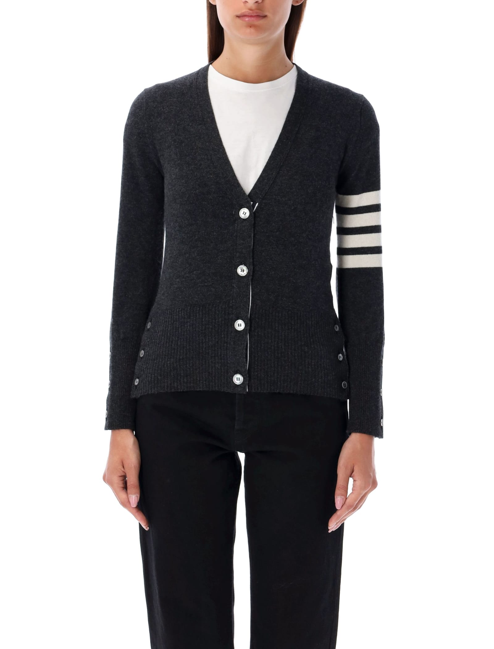 Shop Thom Browne 4-bar Classic V-neck Cardigan In Dark Grey