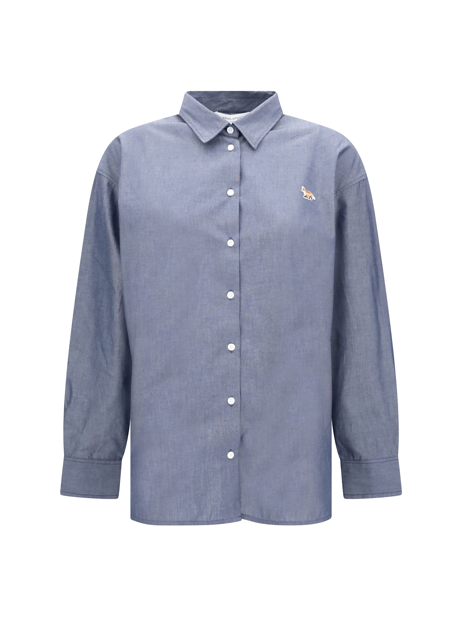 Maison Kitsuné Cotton Shirt With Buttoned-cuff Sleeves And Side Slits In Blue