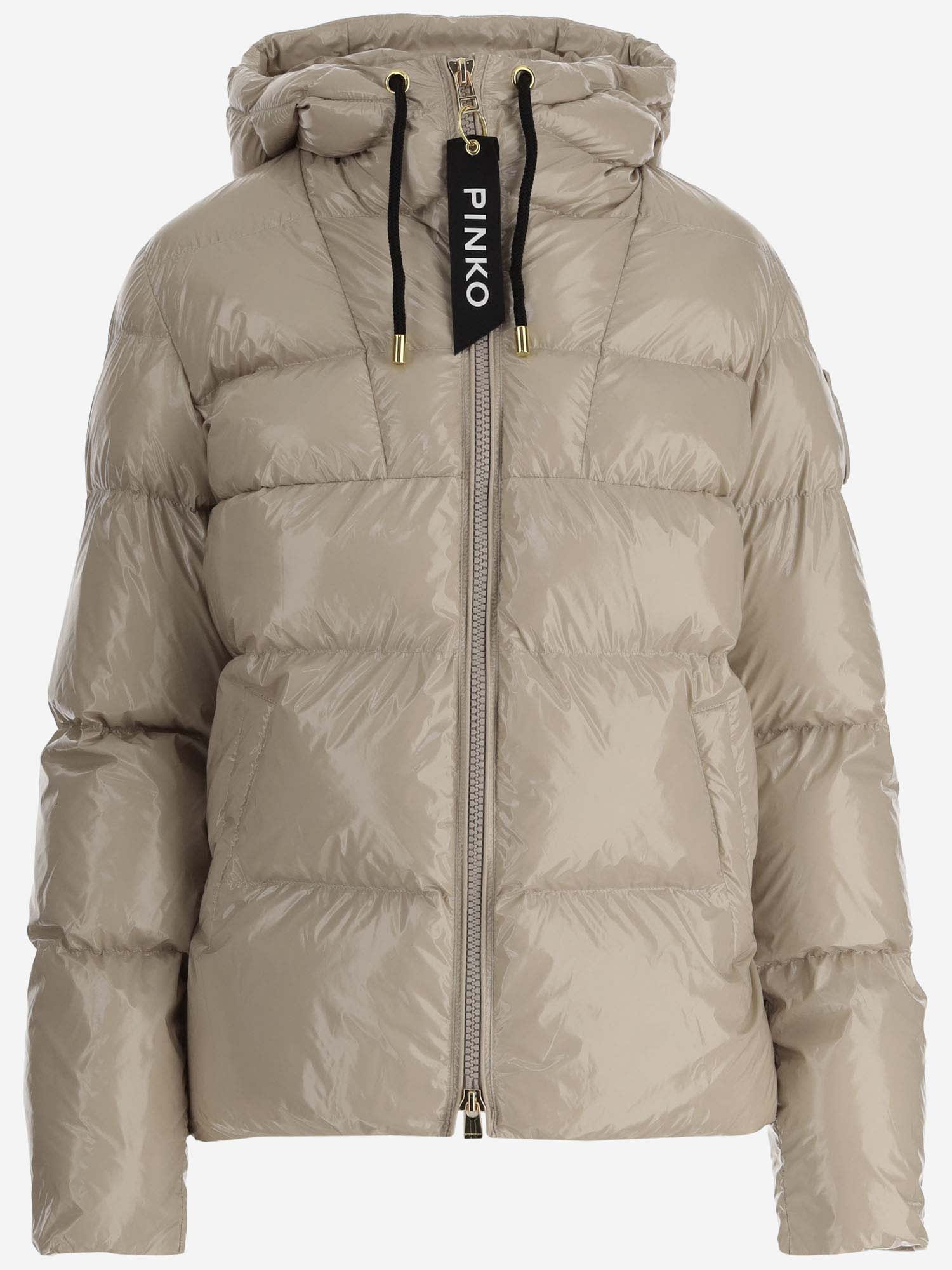 Shop Pinko Nylon Down Jacket With Logo In Beige