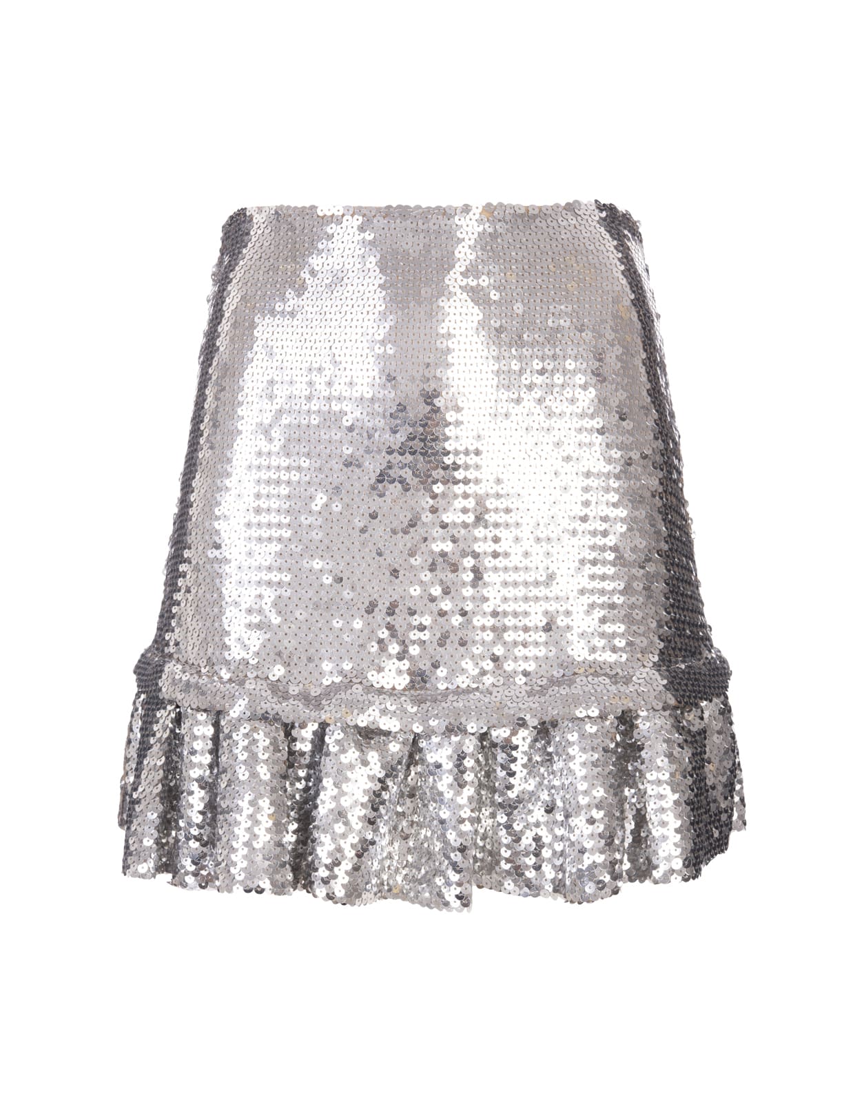 Paco Rabanne Woman Mini Skirt In Silver Sequined Fabric With Ruches