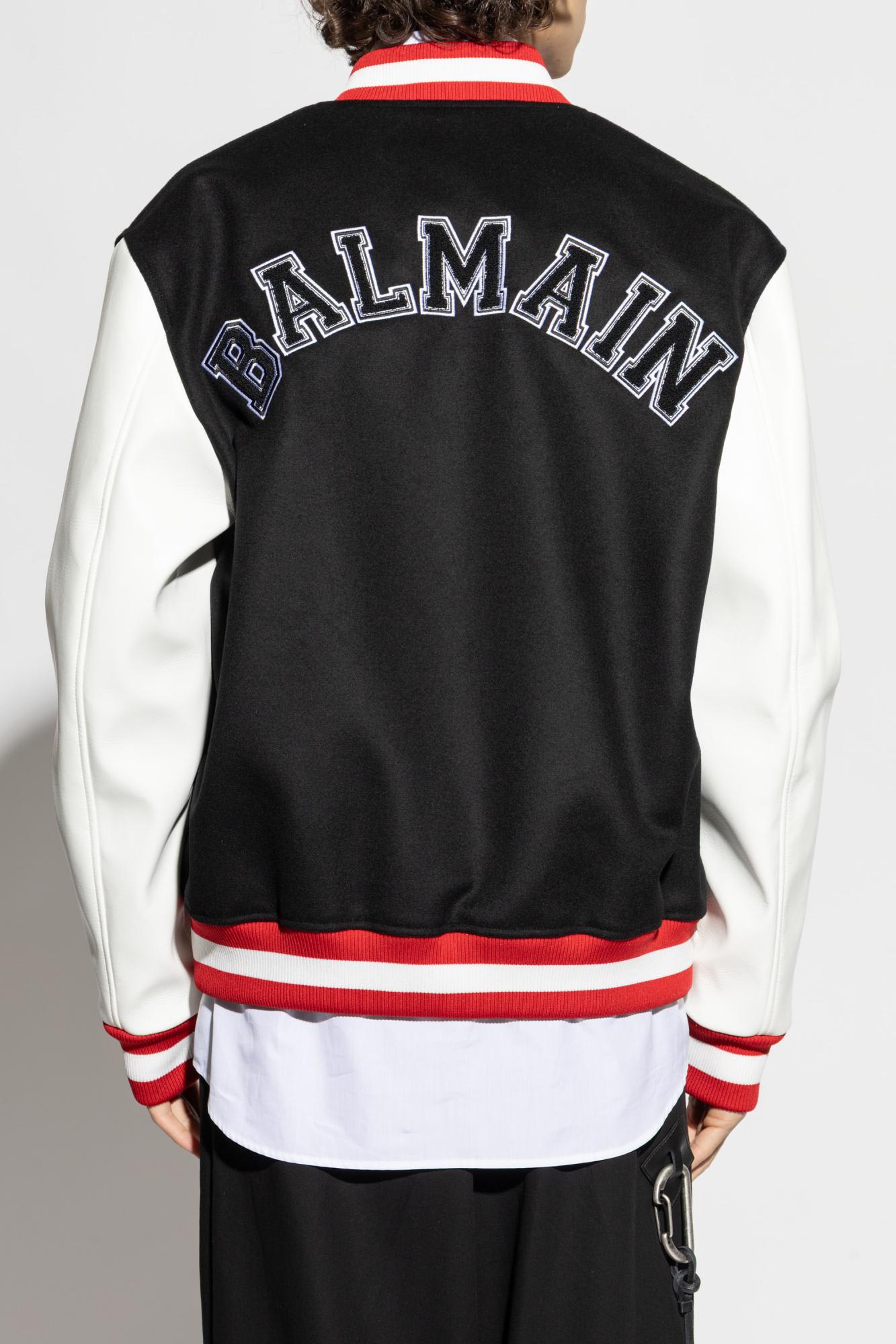 Balmain Wool And Eco-leather Varsity Jacket With Patch In Black