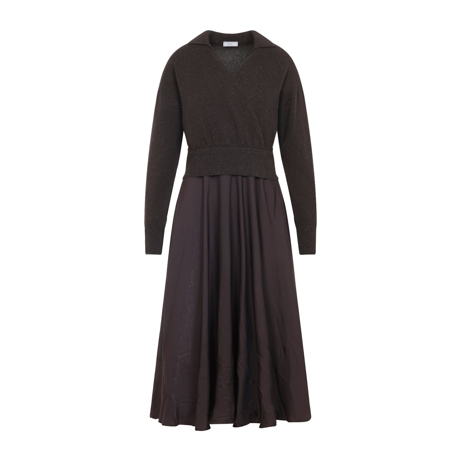 Peserico Ebony Brown Two-fabric Midi Dress With Pointed Collar In Multi