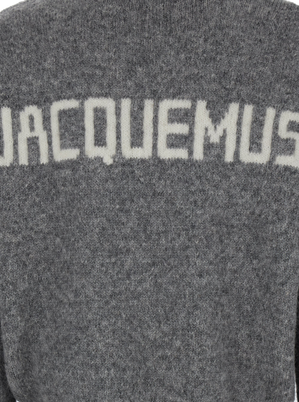 Shop Jacquemus Grey Cropped Sweater With Jacquard Logo At The Back In Wool Blend Woman