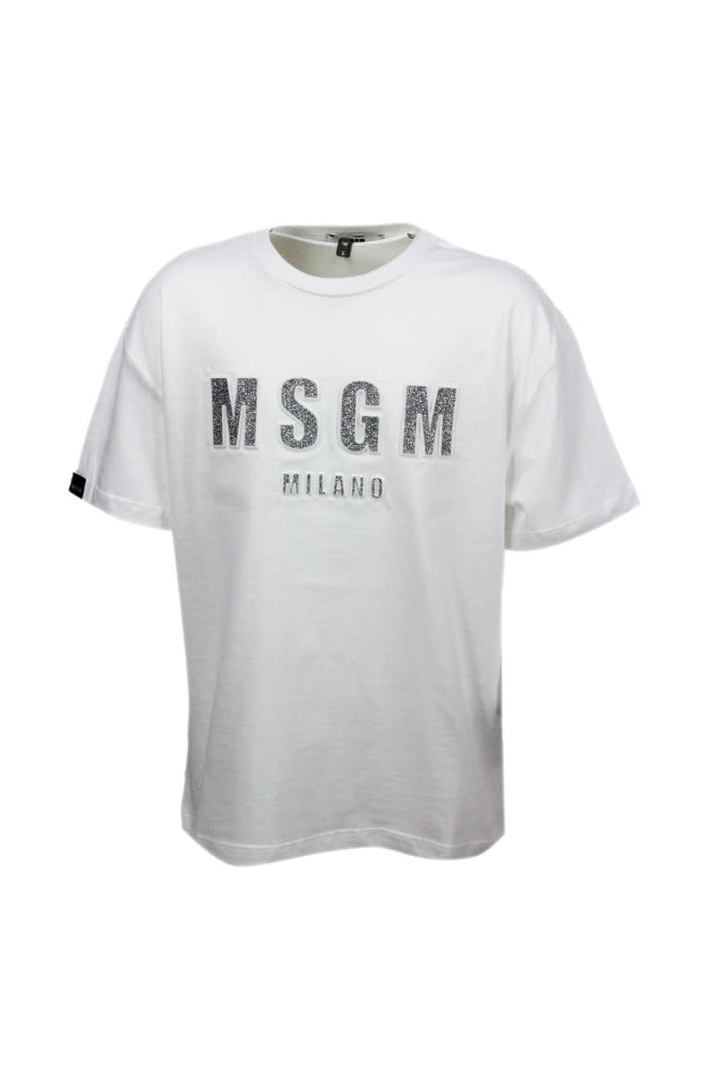 MSGM Short-sleeved Round Neck Cotton T-shirt With Embossed Writing With Rhinestones