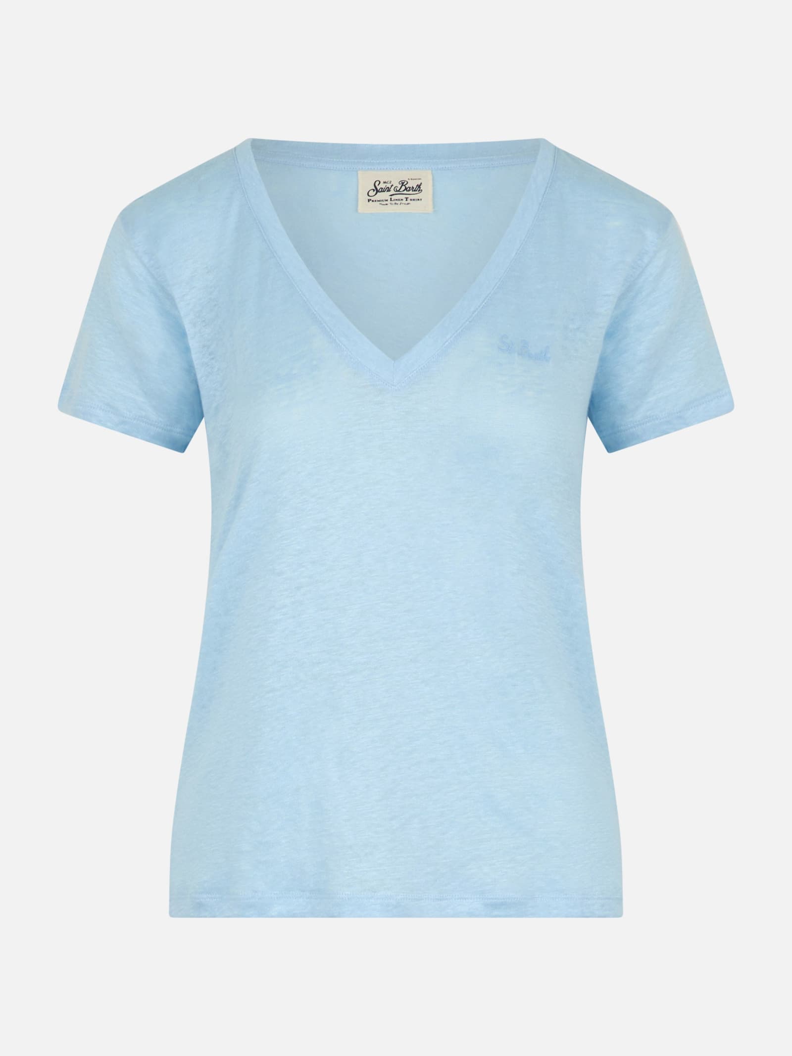 Mc2 Saint Barth Linen Jersey Light Blue V-neck T-shirt Eloise In Sky