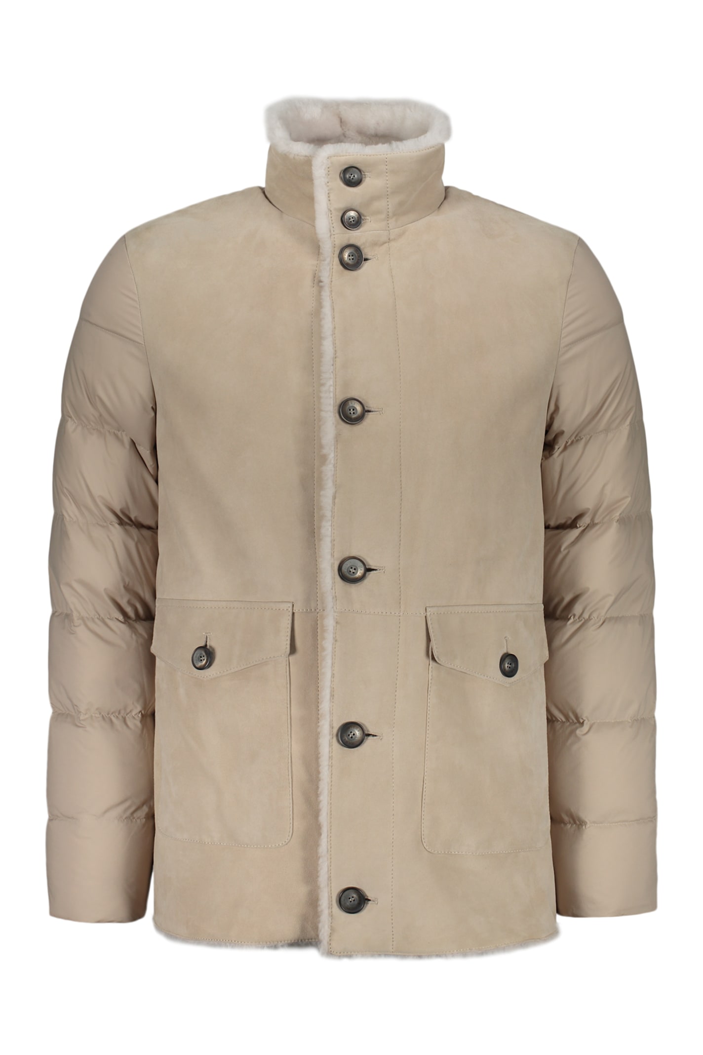Herno Down Jacket In Nylon And Lamb Shearling In Beige