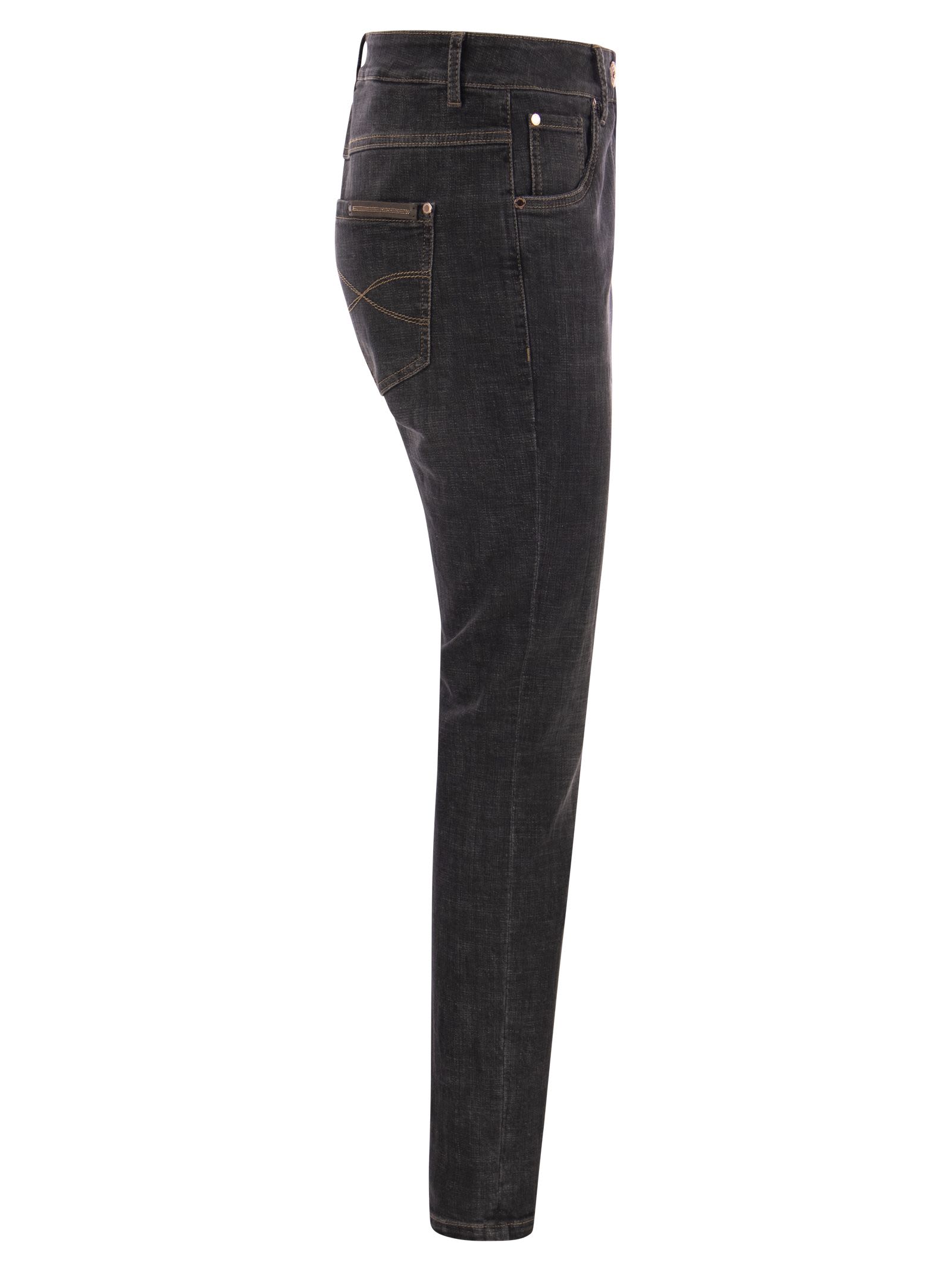 Brunello Cucinelli Slim Pants In Stretch Denim With Shiny Leather Tab In Grey