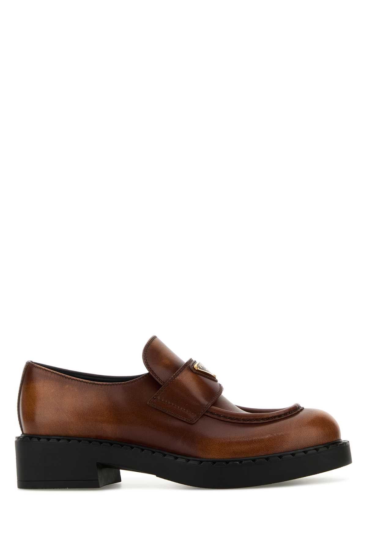 Shop Prada Caramel Leather Loafers In Cognac