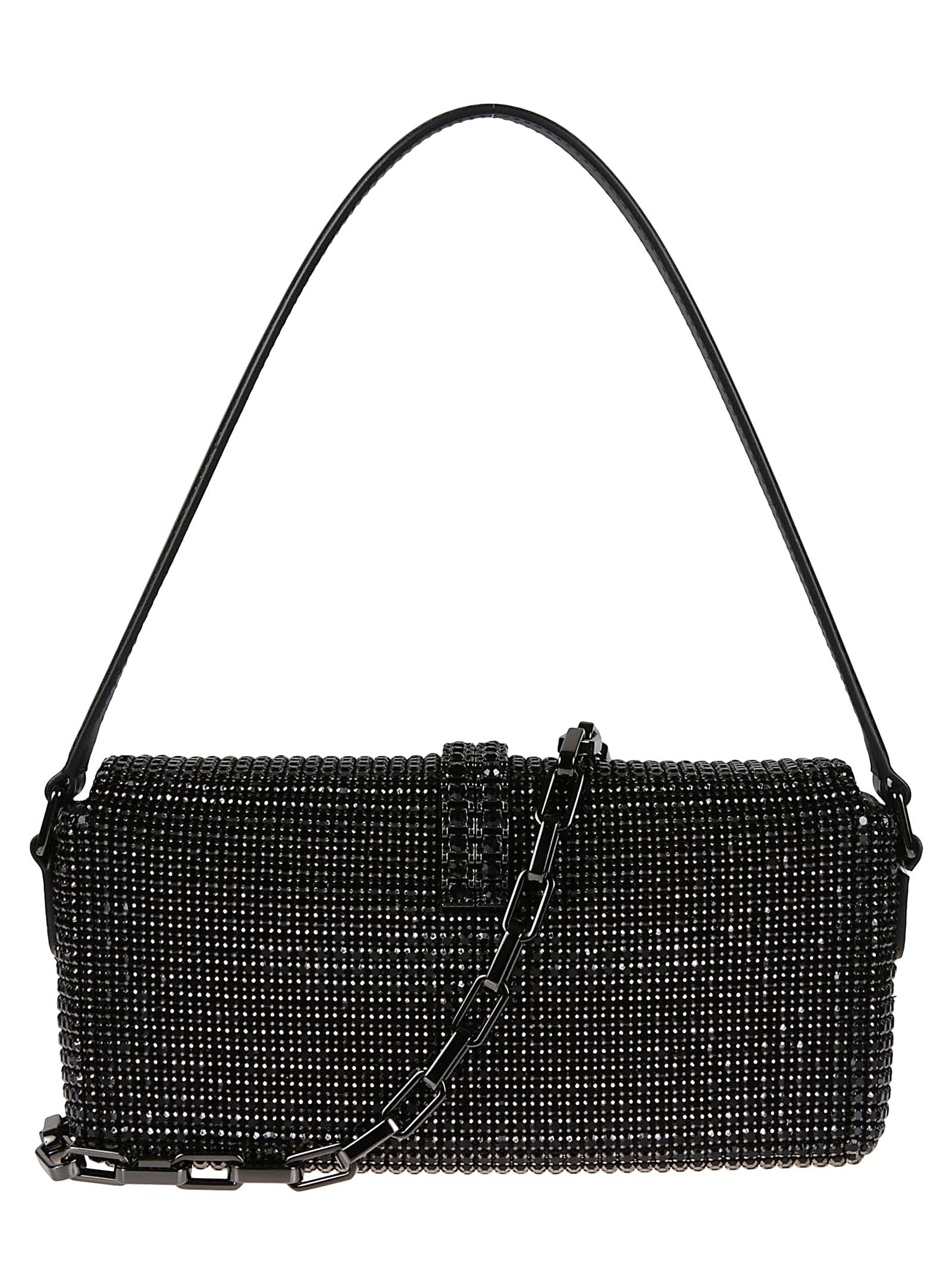 Shop Self-portrait Rhinestone Chainmail Baguette Bag In Black