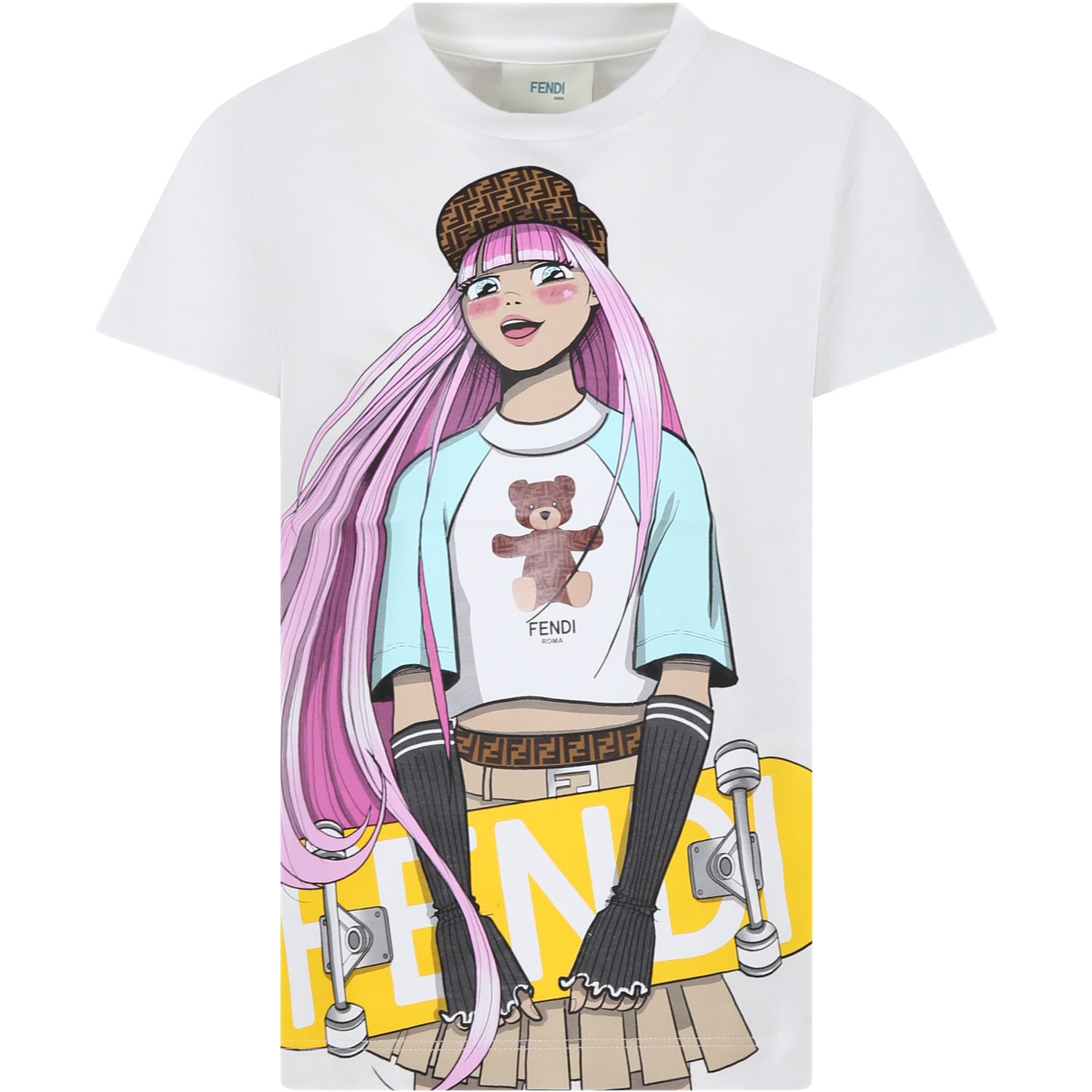 Fendi Kids' White T-shirt For Girl With Print And Ff