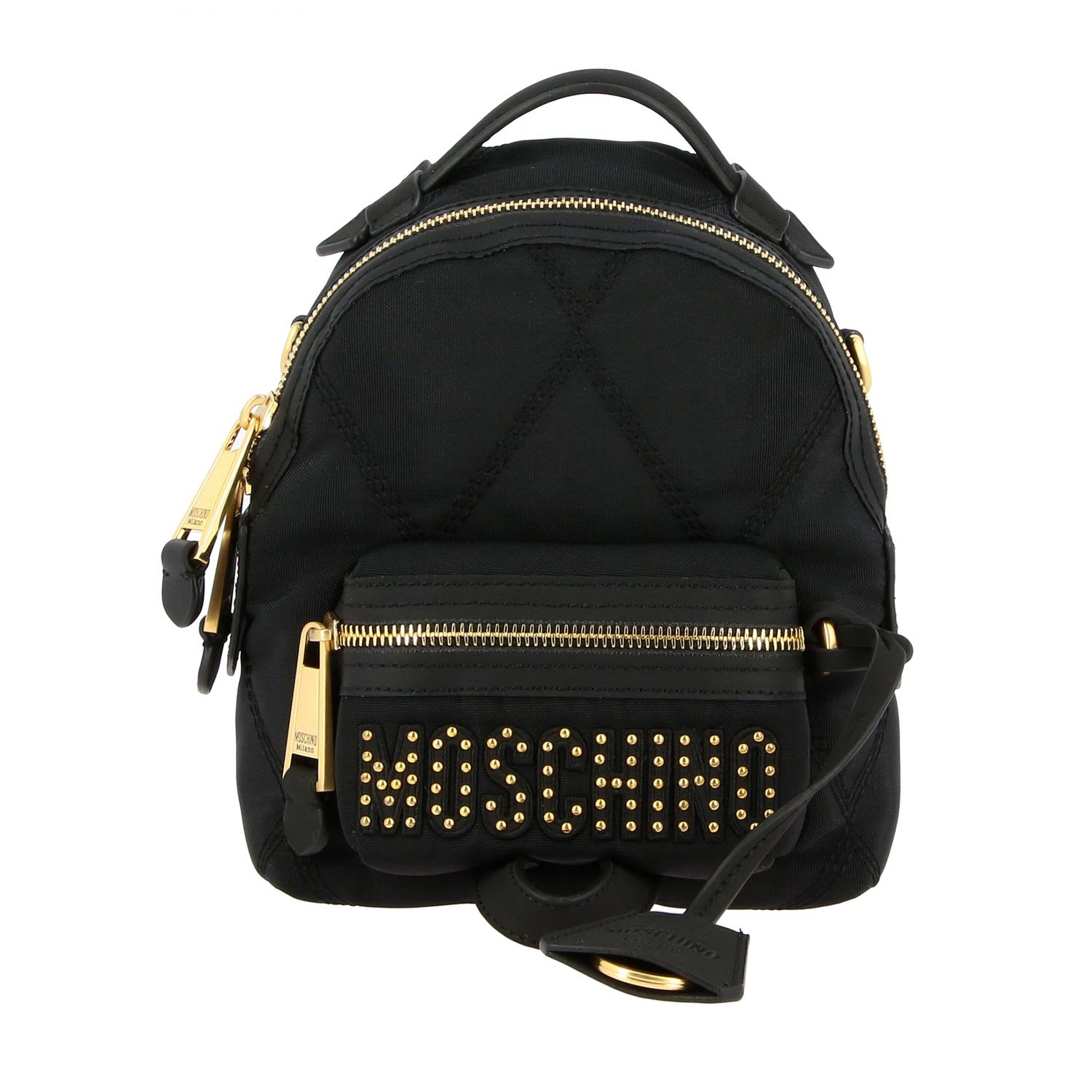 Moschino Couture Backpack In Quilted Nylon With Studs Logo In Black