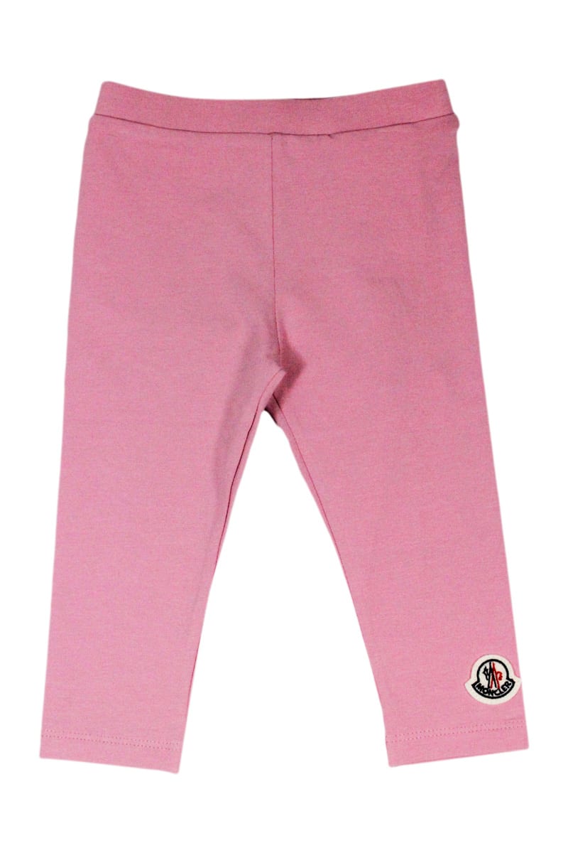 Moncler Babies' Leggings In Stretch Jersey Cotton With Elastic Waistband And Logo On The Leg In Pink
