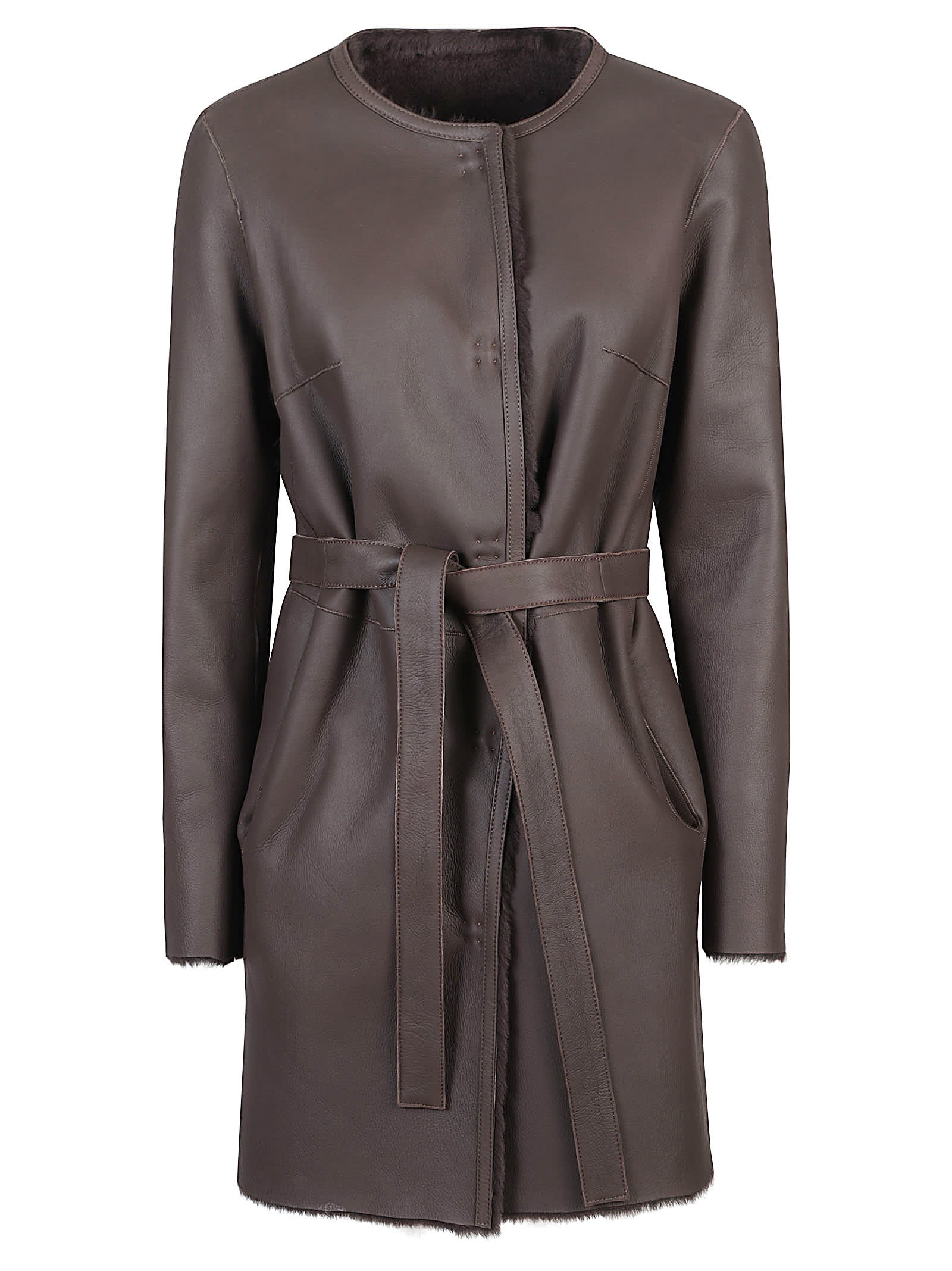 Desa 1972 Reversible Round Neck Shearling Caban In Brown