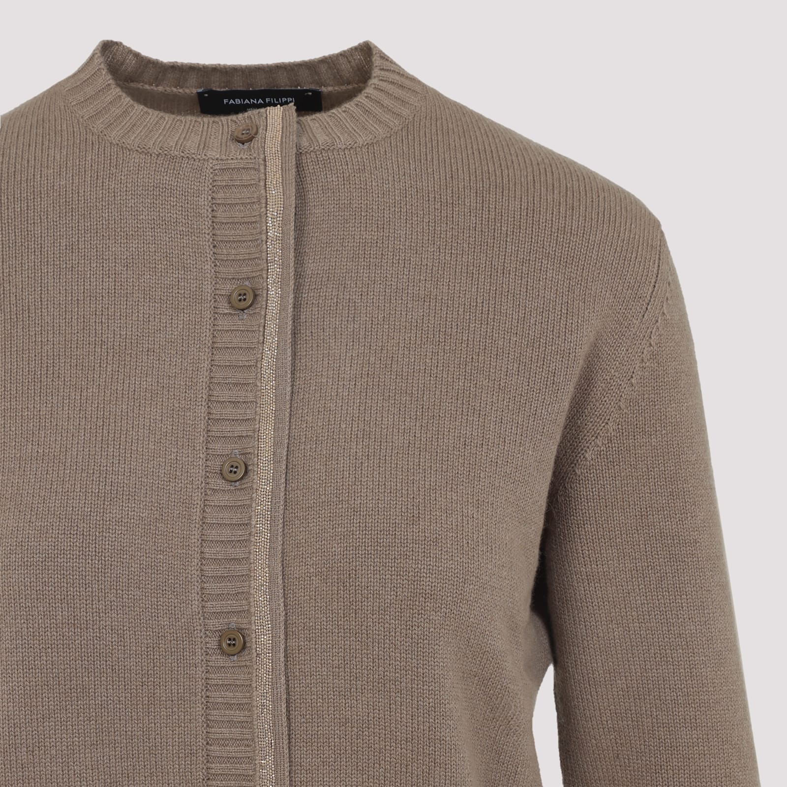 Fabiana Filippi Wool Blend Crew Neck Jacket With Embellished Placket In Brown