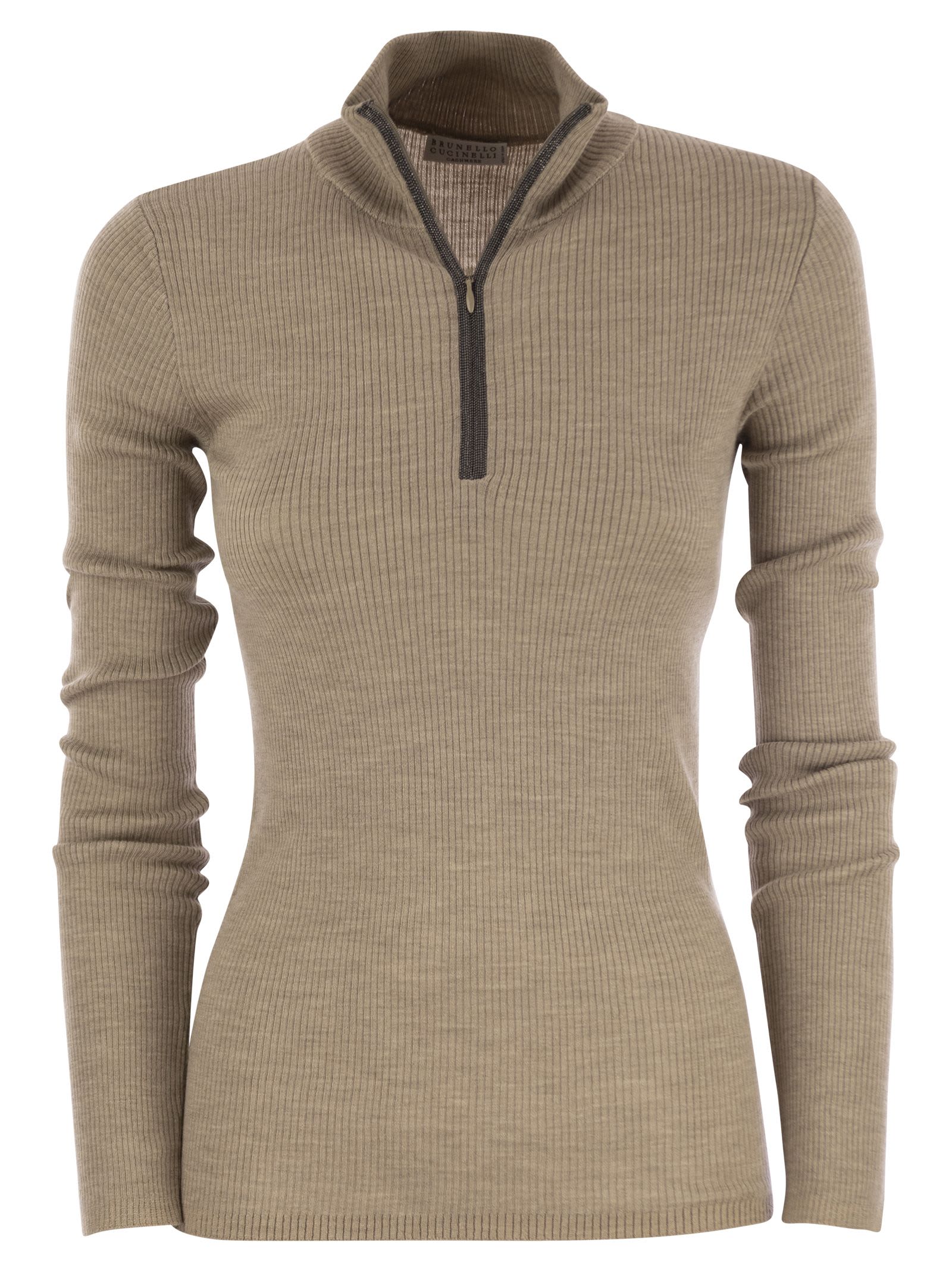 Lightweight Ribbed Virgin Wool And Cashmere Sweater With Precious Half Zip