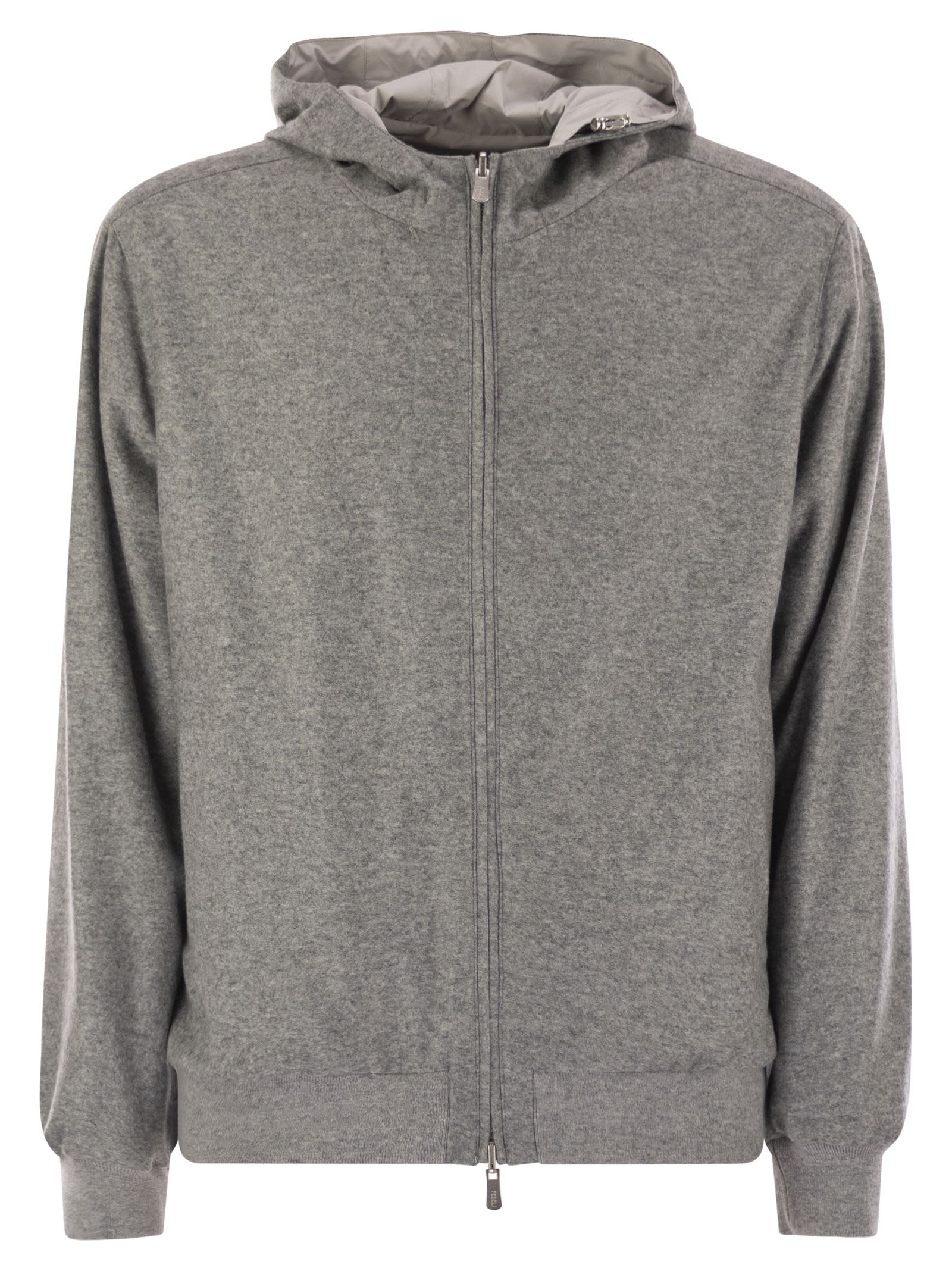Fedeli Reversible Bomber Jacket With Hood In Cashmere Flannel And Airstop In Gray