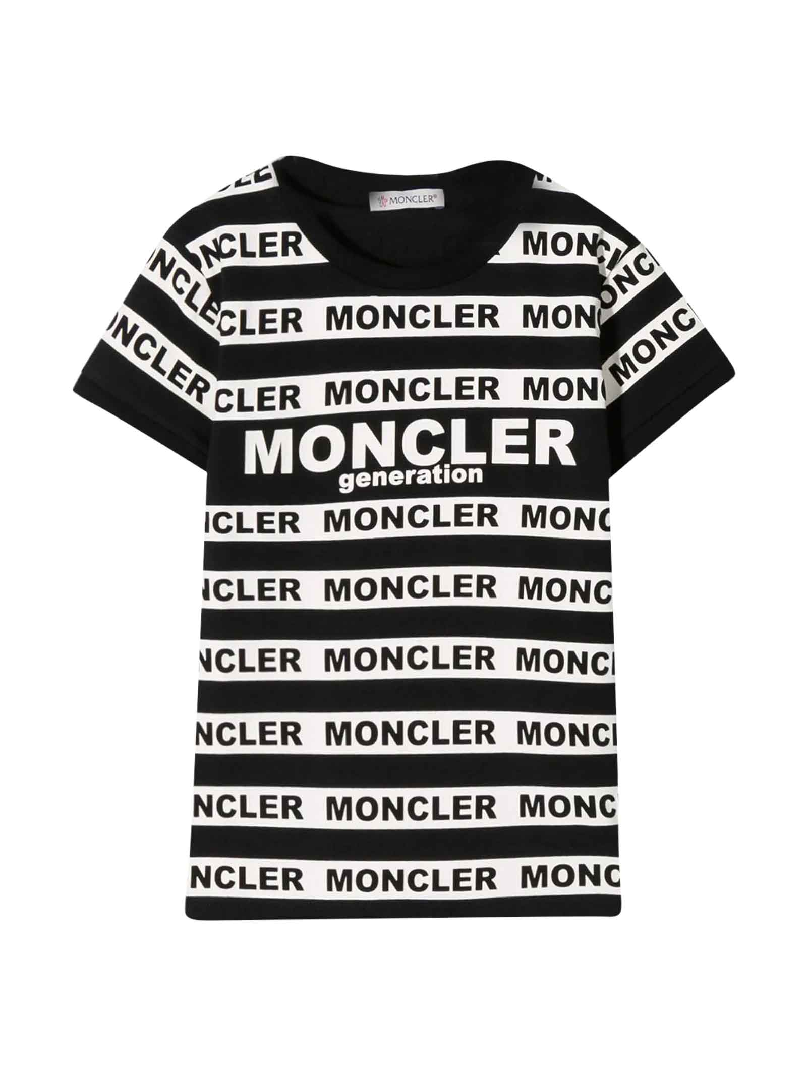MONCLER BLACK AND WHITE T-SHIRT WITH LOGO BANDS,11277715